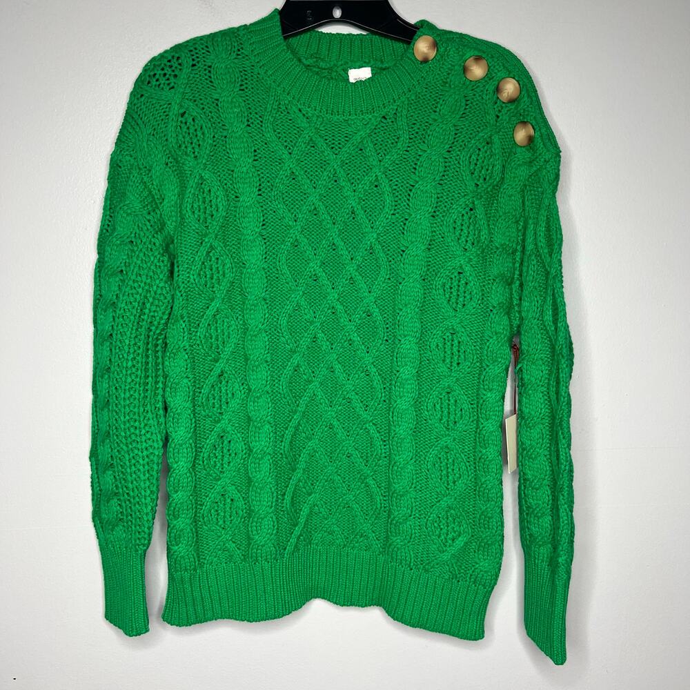 Women's Kelly Green Cable Knit Crewneck Sweater Button-Shoulder XS Preppy Chunky